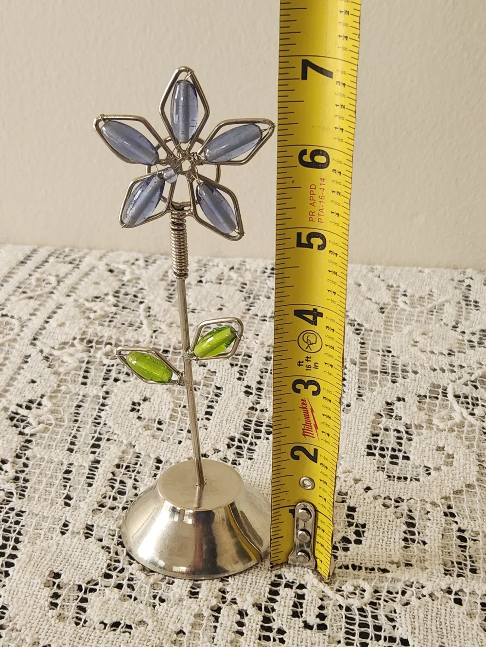 Blue Glass Flower Notice / Photo Holder with Green Leaves